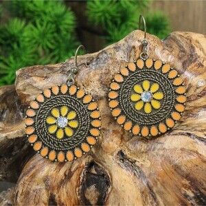 BRONZE orange iridescent round bohemian mandala earrings